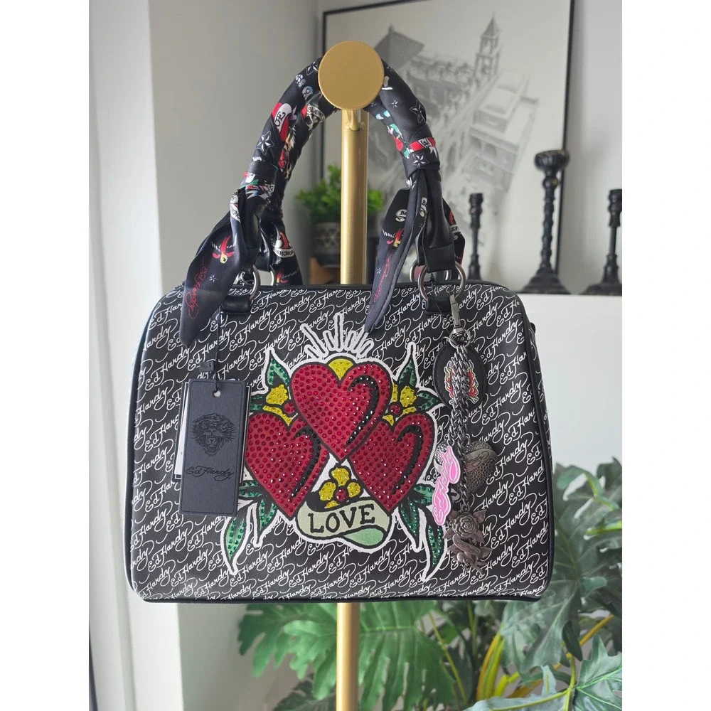 Ed Hardy Love Rhinestone Heart Satchel Bag Black White Tattoo Print Scarf Handle